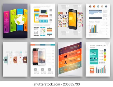 Set of Flyer, Brochure Design Templates. Geometric Triangular Abstract Modern Backgrounds. Mobile Technologies, Applications and Online Services Infographic Concept. A4 Cover Templates Collection.