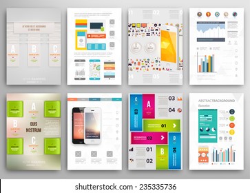 Set of Flyer, Brochure Design Templates. Geometric Triangular Abstract Modern Backgrounds. Mobile Technologies, Applications and Online Services Infographic Concept. A4 Cover Templates Collection.