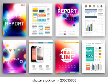 Set von Flyer, Broschüren Design Vorlagen. Geometrische, dreieckige, abstrakte moderne Hintergründe. Infografisches Konzept für Mobiltechnologie, Anwendungen und Online-Dienste. A4-Titelvorlagen-Kollektion.