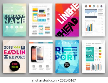 Set of Flyer, Brochure Design Templates. Geometric Triangular Abstract Modern Backgrounds. Mobile Technologies, Applications and Online Services Infographic Concept. Typographic Emblems, Logo, Banners