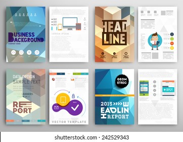 Set of Flyer, Brochure Design Templates. Geometric Triangular Abstract Modern Backgrounds. Mobile Technologies, Applications and Online Services Infographic Concept. Typographic Emblems, Logo, Banners