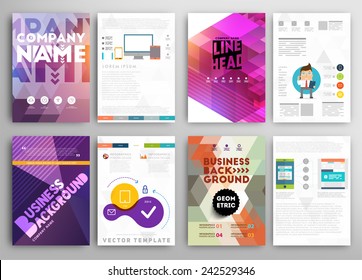 Set of Flyer, Brochure Design Templates. Geometric Triangular Abstract Modern Backgrounds. Mobile Technologies, Applications and Online Services Infographic Concept. Typographic Emblems, Logo, Banners
