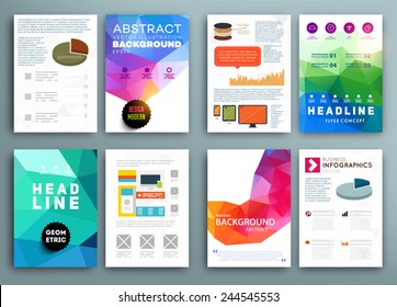 Set of Flyer, Brochure Design Templates. Geometric Triangular Abstract Modern Backgrounds. Mobile Technologies, Applications and Online Services Infographic Concept. Typographic Emblems, Logo, Banners