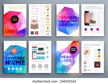Set of Flyer, Brochure Design Templates. Geometric Triangular Abstract Modern Backgrounds. Mobile Technologies, Applications and Online Services Infographic Concept. Typographic Emblems, Logo, Banners