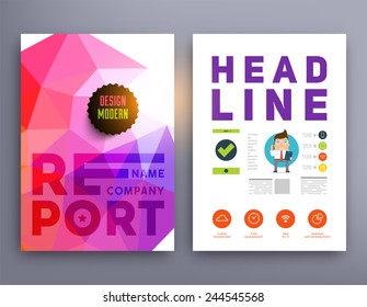 Set von Flyer, Broschüren Design-Vorlagen. Geometrische, dreieckige, abstrakte, moderne Hintergründe. Infografisches Konzept für Mobiltechnologie, Anwendungen und Online-Dienste. Typografische Embleme, Logo, Banner