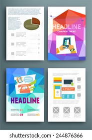Conjunto de plantillas de diseño de folleto y folleto. Antecedentes geométricos triangulares Resumen moderno. Tecnologías móviles, aplicaciones y servicios en línea Concepto Infográfico.