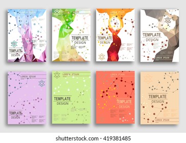 Set of Flyer, Brochure Design Templates. Geometric Triangular Abstract Modern Backgrounds. Typographic Emblems, Logo, Banners