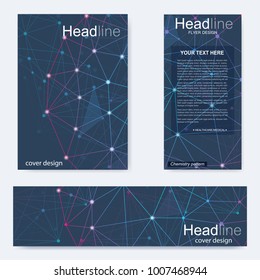 Set flyer, brochure size A4 template,banner. Molecular structure with connected lines and dots. Scientific pattern atom DNA with elements for magazine, leaflet, cover, poster design