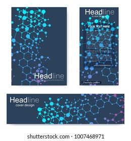 Set flyer, brochure size A4 template,banner. Molecular structure with connected lines and dots. Scientific pattern atom DNA with elements for magazine, leaflet, cover, poster design