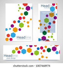 Set flyer, brochure size A4 template,banner. Molecular structure with connected lines and dots. Scientific pattern atom DNA with elements for magazine, leaflet, cover, poster design