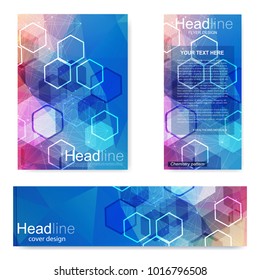 Set flyer, brochure size A4 template,banner. Molecular structure with connected lines and dots. Scientific pattern atom DNA with elements for magazine, leaflet, cover, poster design