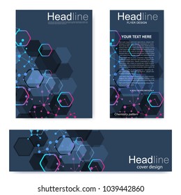 Set flyer, brochure size A4 template,banner. Molecular structure with connected lines and dots. Scientific pattern atom DNA with elements for magazine, leaflet, cover, poster design