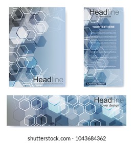 Set flyer, brochure size A4 template,banner. Molecular structure with connected lines and dots. Scientific pattern atom DNA with elements for magazine, leaflet, cover, poster design