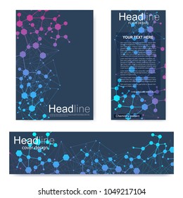 Set flyer, brochure size A4 template,banner. Molecular structure with connected lines and dots. Scientific pattern atom DNA with elements for magazine, leaflet, cover, poster design