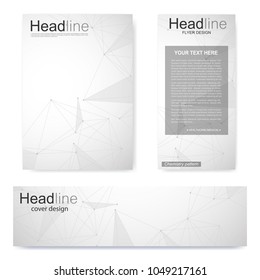 Set flyer, brochure size A4 template,banner. Molecular structure with connected lines and dots. Scientific pattern atom DNA with elements for magazine, leaflet, cover, poster design.