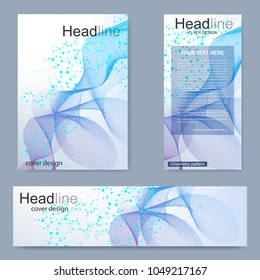 Set flyer, brochure size A4 template,banner. Molecular structure with connected lines and dots. Scientific pattern atom DNA with elements for magazine, leaflet, cover, poster design