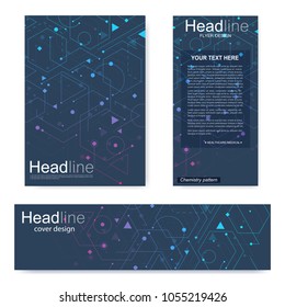 Set flyer, brochure size A4 template,banner. Molecular structure with connected lines and dots. Scientific pattern atom DNA with elements for magazine, leaflet, cover, poster design