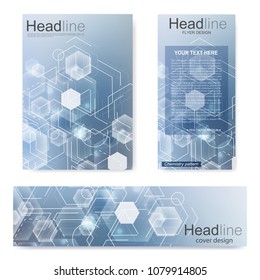 Set flyer, brochure size A4 template,banner. Molecular structure with connected lines and dots. Scientific pattern atom DNA with elements for magazine, leaflet, cover, poster design