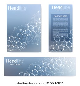 Set flyer, brochure size A4 template,banner. Molecular structure with connected lines and dots. Scientific pattern atom DNA with elements for magazine, leaflet, cover, poster design.