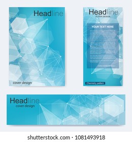 Set flyer, brochure size A4 template,banner. Molecular structure with connected lines and dots. Scientific pattern atom DNA with elements for magazine, leaflet, cover, poster design