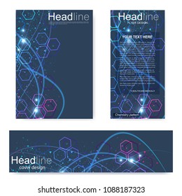 Set flyer, brochure size A4 template,banner. Molecular structure with connected lines and dots. Scientific pattern atom DNA with elements for magazine, leaflet, cover, poster design