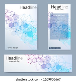 Set flyer, brochure size A4 template,banner. Molecular structure with connected lines and dots. Scientific pattern atom DNA with elements for magazine, leaflet, cover, poster design