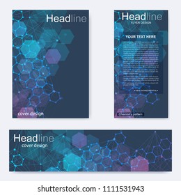 Set flyer, brochure size A4 template,banner. Molecular structure with connected lines and dots. Scientific pattern atom DNA with elements for magazine, leaflet, cover, poster design