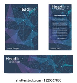 Set flyer, brochure size A4 template,banner. Molecular structure with connected lines and dots. Scientific pattern atom DNA with elements for magazine, leaflet, cover, poster design