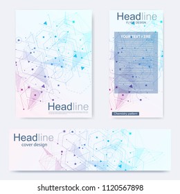 Set flyer, brochure size A4 template,banner. Molecular structure with connected lines and dots. Scientific pattern atom DNA with elements for magazine, leaflet, cover, poster design