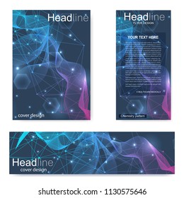 Set flyer, brochure size A4 template,banner. Molecular structure with connected lines and dots. Scientific pattern atom DNA with elements for magazine, leaflet, cover, poster design