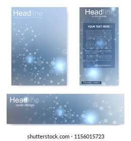 Set flyer, brochure size A4 template,banner. Molecular structure with connected lines and dots. Scientific pattern atom DNA with elements for magazine, leaflet, cover, poster design