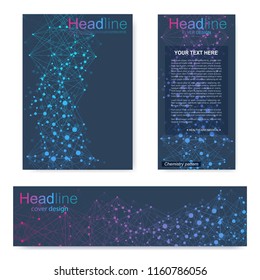 Set flyer, brochure size A4 template,banner. Molecular structure with connected lines and dots. Scientific pattern atom DNA with elements for magazine, leaflet, cover, poster design