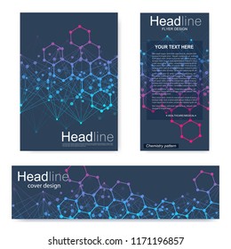 Set flyer, brochure size A4 template,banner. Molecular structure with connected lines and dots. Scientific pattern atom DNA with elements for magazine, leaflet, cover, poster design