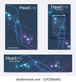 Set flyer, brochure size A4 template,banner. Molecular structure with connected lines and dots. Scientific pattern atom DNA with elements for magazine, leaflet, cover, poster design