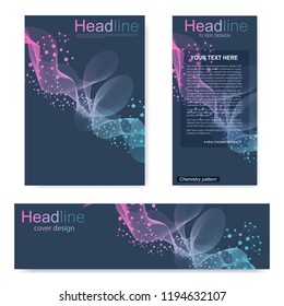 Set flyer, brochure size A4 template,banner. Molecular structure with connected lines and dots. Scientific pattern atom DNA with elements for magazine, leaflet, cover, poster design