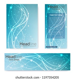 Set flyer, brochure size A4 template,banner. Molecular structure with connected lines and dots. Scientific pattern atom DNA with elements for magazine, leaflet, cover, poster design.
