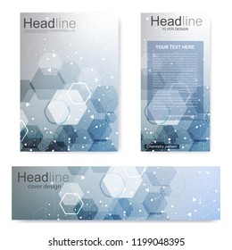 Set flyer, brochure size A4 template,banner. Molecular structure with connected lines and dots. Scientific pattern atom DNA with elements for magazine, leaflet, cover, poster design