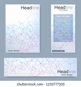 Set flyer, brochure size A4 template,banner. Molecular structure with connected lines and dots. Scientific pattern atom DNA with elements for magazine, leaflet, cover, poster design