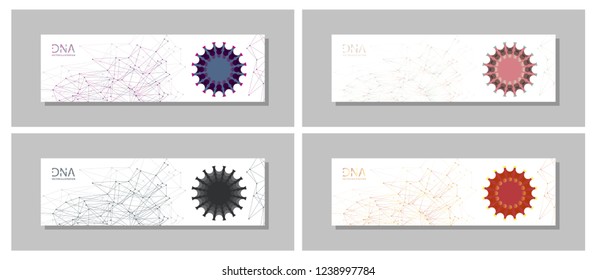 Set flyer, brochure size A4 template,banner. Molecular structure with connected lines and dots. Scientific pattern atom DNA with elements for magazine, leaflet, cover, poster design