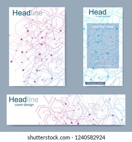 Set flyer, brochure size A4 template,banner. Molecular structure with connected lines and dots. Scientific pattern atom DNA with elements for magazine, leaflet, cover, poster design