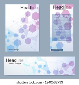 Set flyer, brochure size A4 template,banner. Molecular structure with connected lines and dots. Scientific pattern atom DNA with elements for magazine, leaflet, cover, poster design