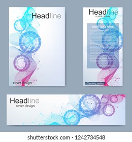 Set flyer, brochure size A4 template,banner. Molecular structure with connected lines and dots. Scientific pattern atom DNA with elements for magazine, leaflet, cover, poster design