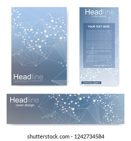 Set flyer, brochure size A4 template,banner. Molecular structure with connected lines and dots. Scientific pattern atom DNA with elements for magazine, leaflet, cover, poster design
