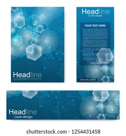 Set flyer, brochure size A4 template,banner. Molecular structure with connected lines and dots. Scientific pattern atom DNA with elements for magazine, leaflet, cover, poster design