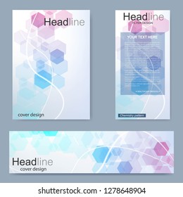 Set flyer, brochure size A4 template,banner. Molecular structure with connected lines and dots. Scientific pattern atom DNA with elements for magazine, leaflet, cover, poster design