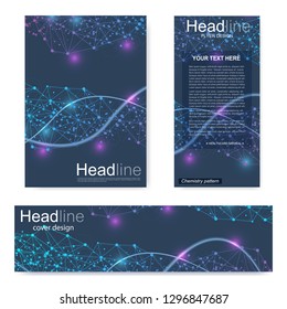Set flyer, brochure size A4 template,banner. Molecular structure with connected lines and dots. Scientific pattern atom DNA with elements for magazine, leaflet, cover, poster design