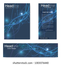 Set flyer, brochure size A4 template,banner. Molecular structure with connected lines and dots. Scientific pattern atom DNA with elements for magazine, leaflet, cover, poster design