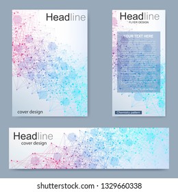 Set flyer, brochure size A4 template,banner. Molecular structure with connected lines and dots. Scientific pattern atom DNA with elements for magazine, leaflet, cover, poster design