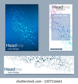 Set flyer, brochure size A4 template,banner. Molecular structure with connected lines and dots. Scientific pattern atom DNA with elements for magazine, leaflet, cover, poster design