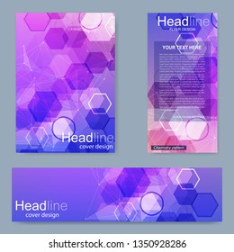 Set flyer, brochure size A4 template,banner. Molecular structure with connected lines and dots. Scientific pattern atom DNA with elements for magazine, leaflet, cover, poster design